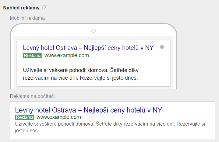 Náhled rozšířené textové reklamy Google AdWords