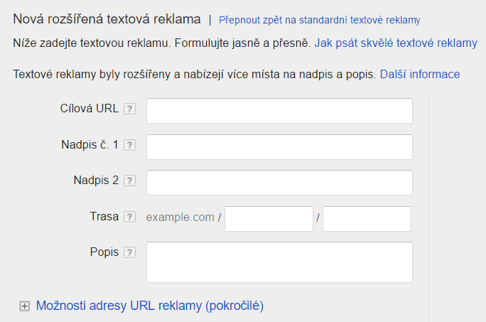 Rozšířená textová reklama Google AdWords